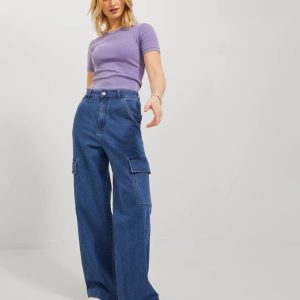 Dark Blue High Waisted Cargo Wide Leg